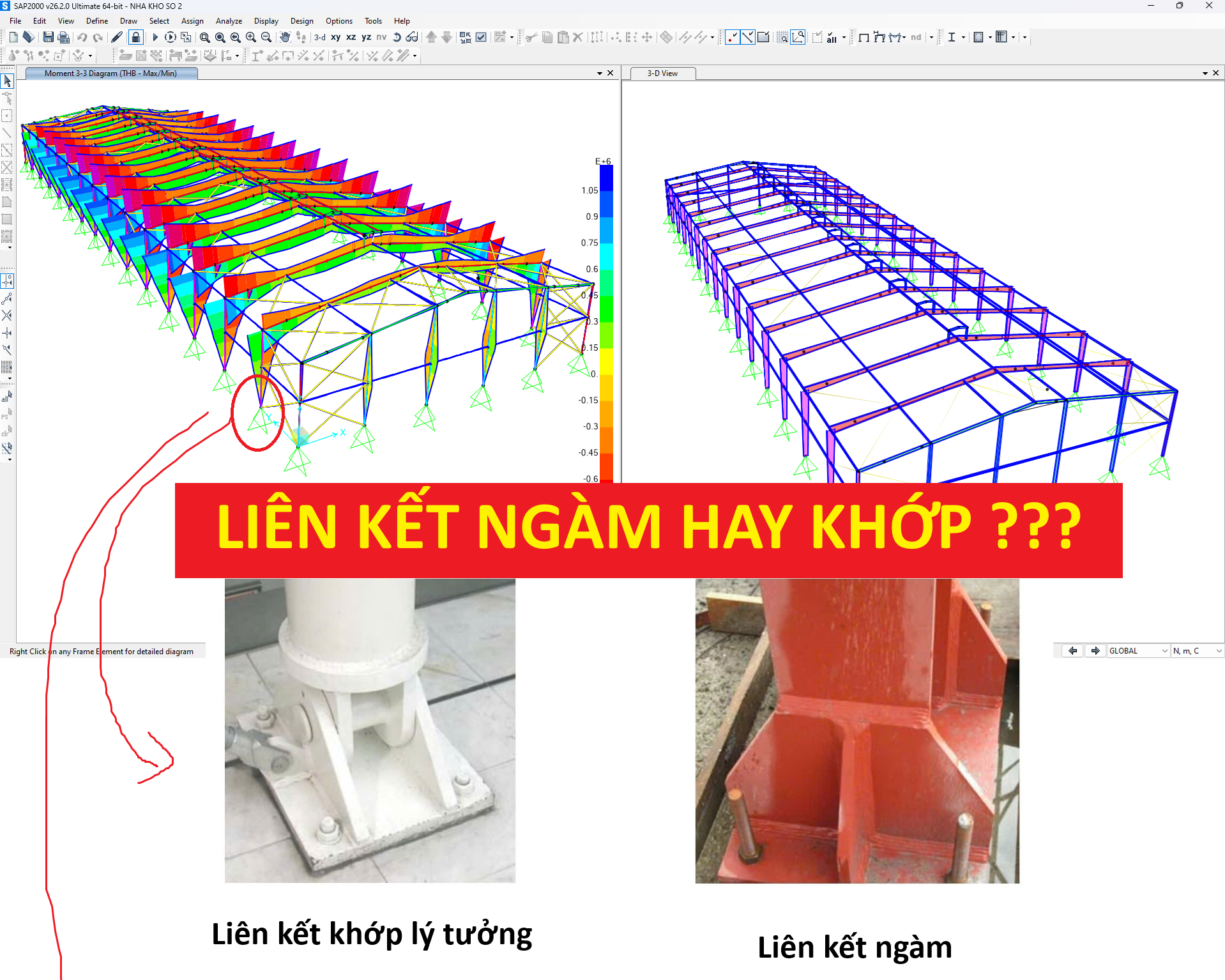 Mô hình liên kết chân cột nhà xưởng là khớp hay ngàm trong Sap2000 Etabs